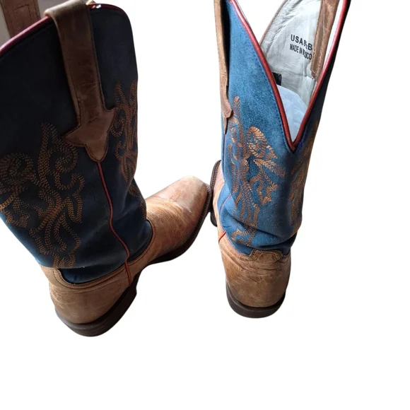 8.5 B J.B. Dillon Blue and Brown Cowboy Boots with Ornate Stitching - Picture 5 of 10